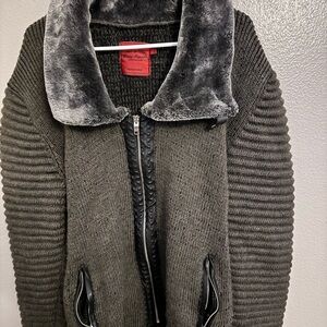 Gray Faux Fur Collar Sweater Jacket